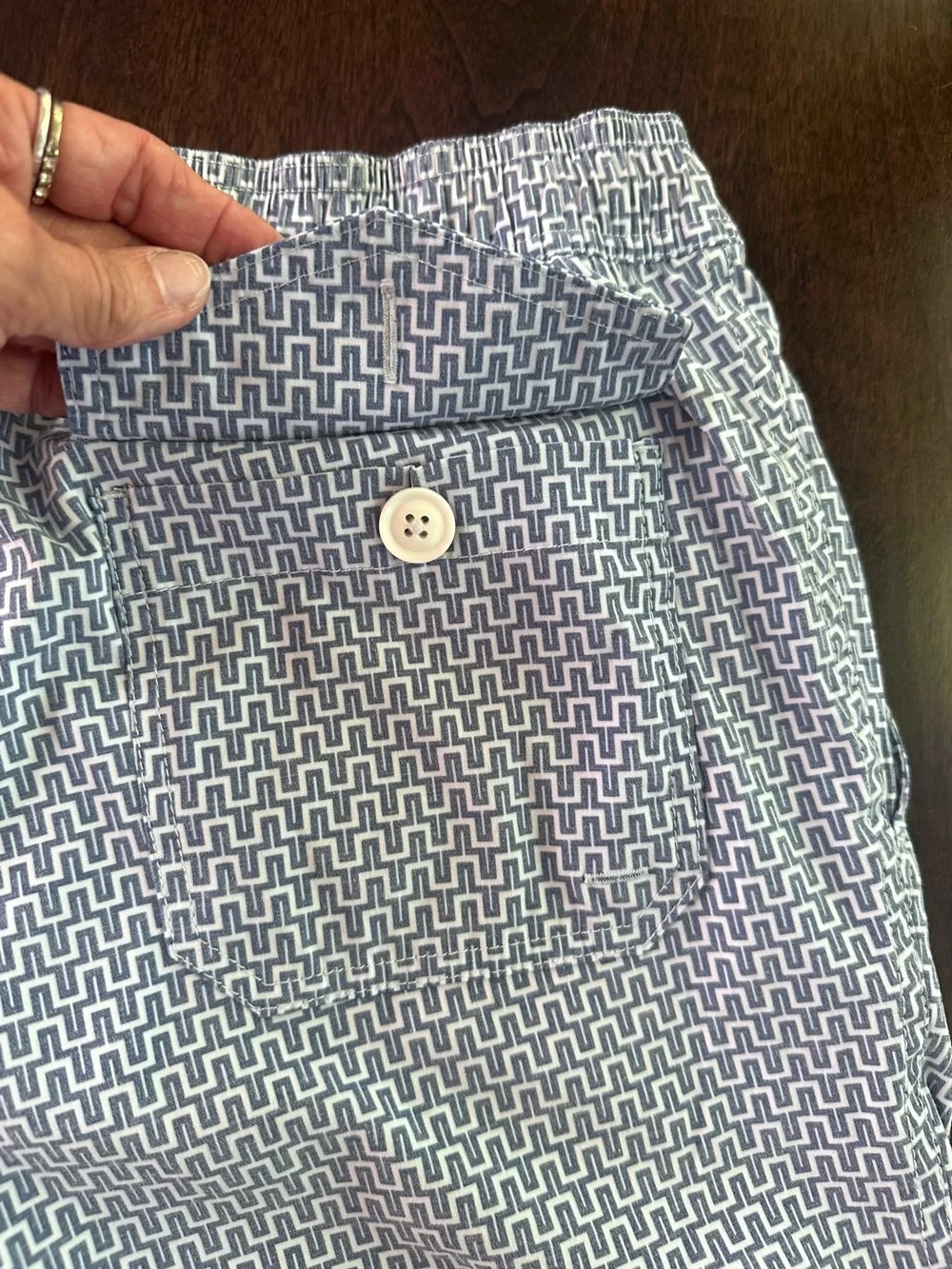 J. Crew Men’s Flex Swimwear White &Blue GeometricTrunks with Coral Drawcord S